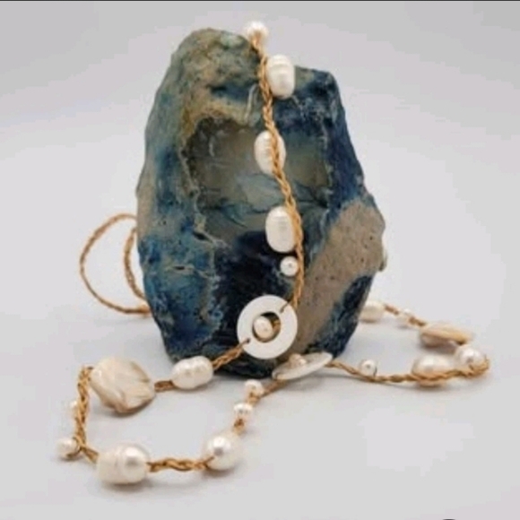 J. Jill Freshwater Pearl & Shell Necklace Woven Cord 36" Natural Boho - Picture 1 of 5